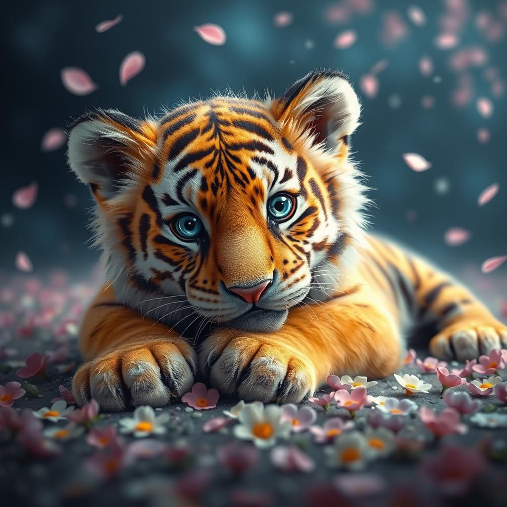 Adorable Tiger Cub in a Magical Garden: Digital Art
