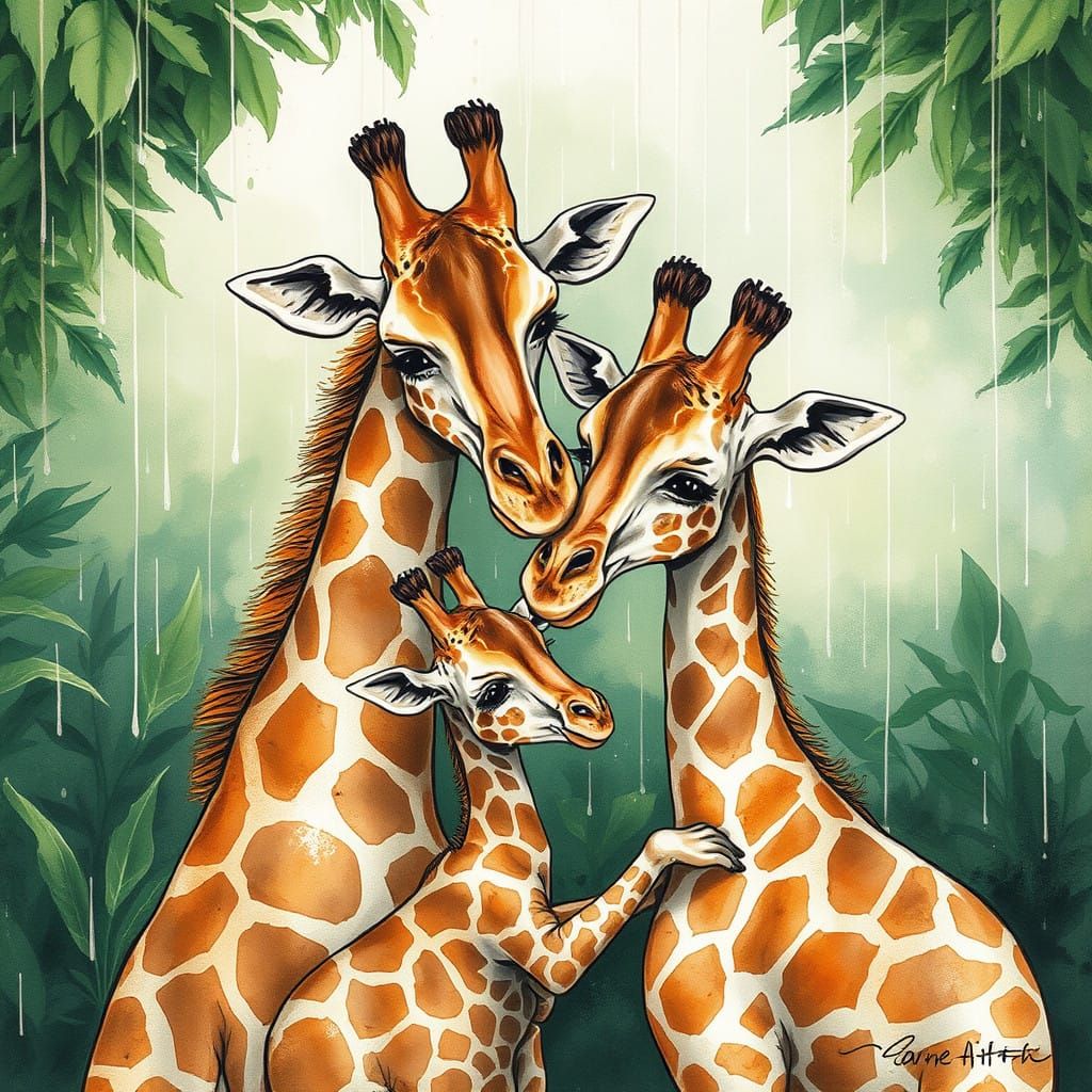 Giraffe Family in Warm Watercolour Embrace, Carne Griffiths....