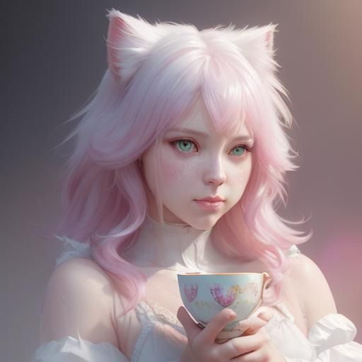 Cute Cat with Tea: Hyperdetailed Digital Portrait
