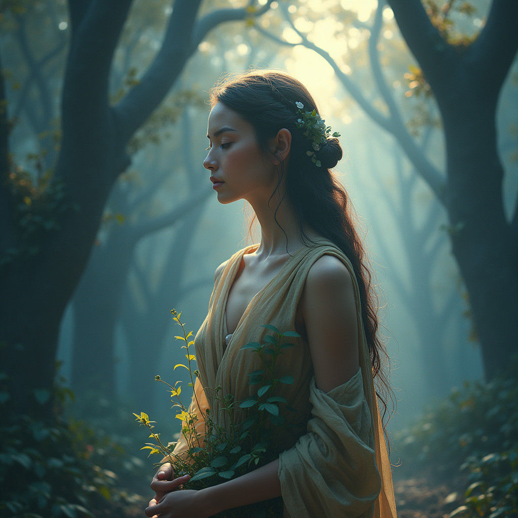 Serene Figure in Dreamlike Forest: Fantasy Concept Art