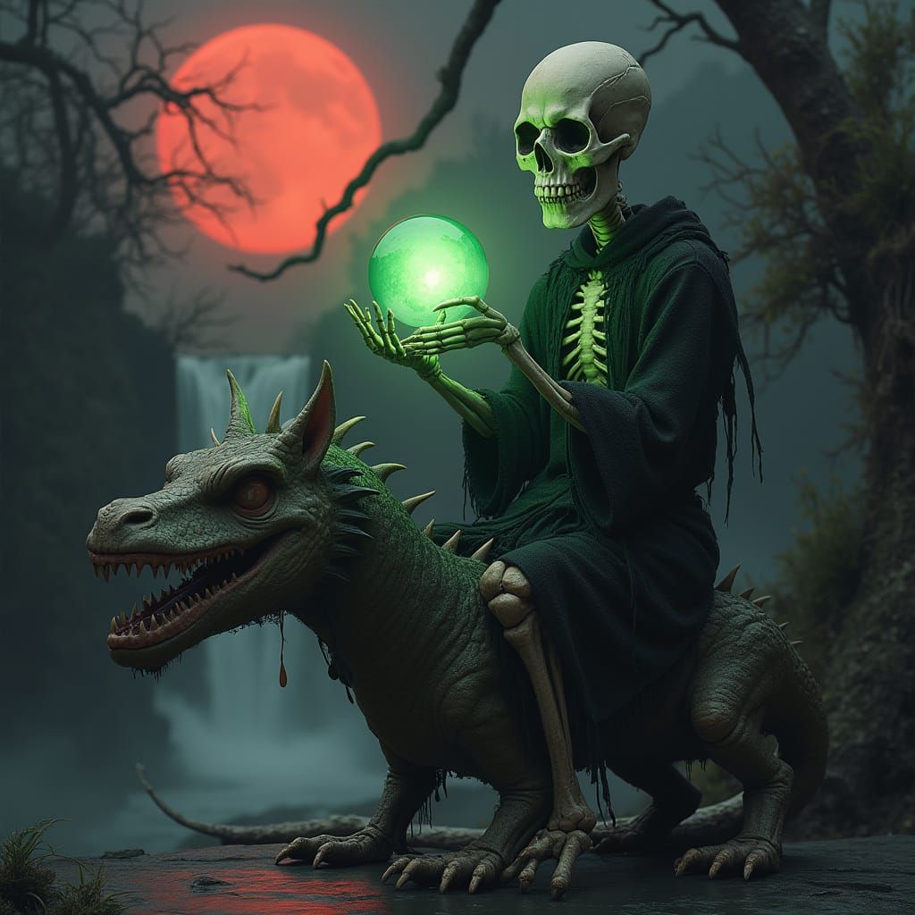 Skull sitting on a dragon.  ( Prompt by No1jmb @No1jmb)