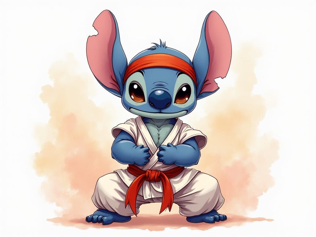 Stitch as Ryu in Watercolor Street Fighter Scene