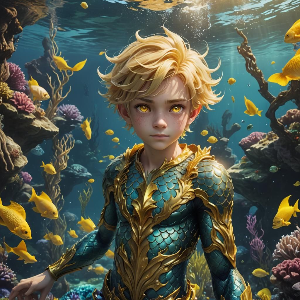 Anime Mermaid Boy with Golden Eyes Underwater