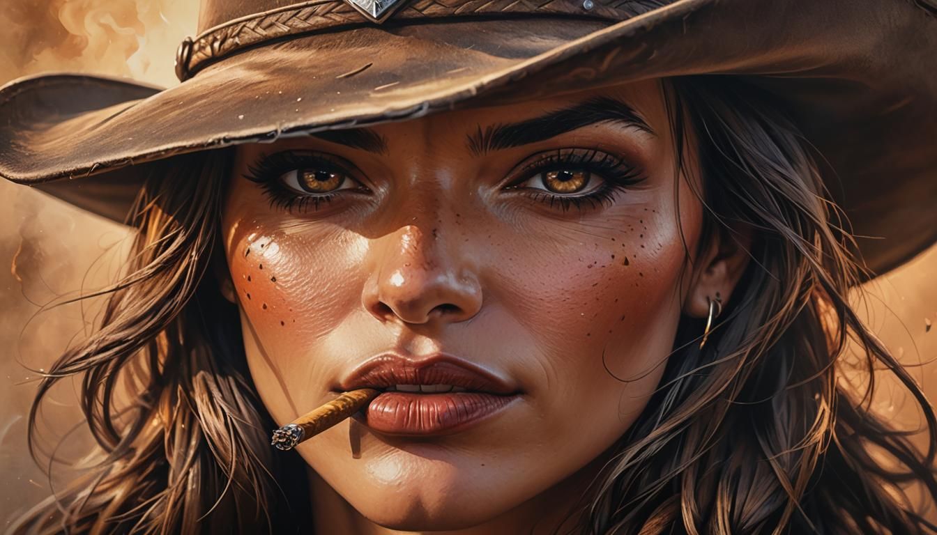 Fierce Cowgirl Staredown in Hyperrealistic Splash Art