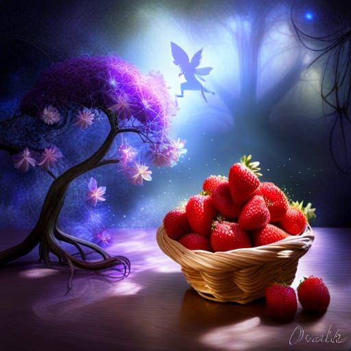 Enchanting Still Life: Strawberries and a Fairy