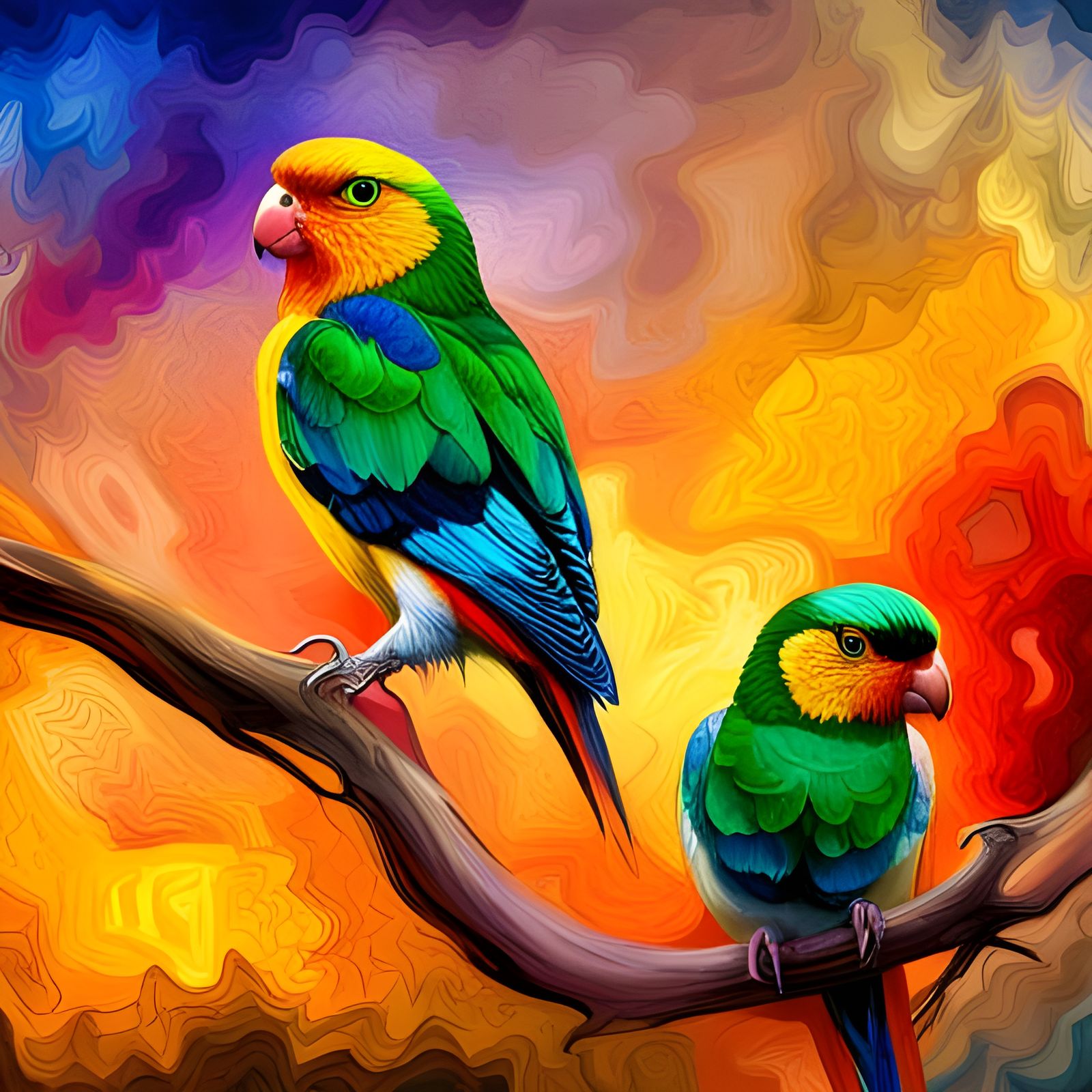 Asymmetrical Caique Birds in Golden Hour