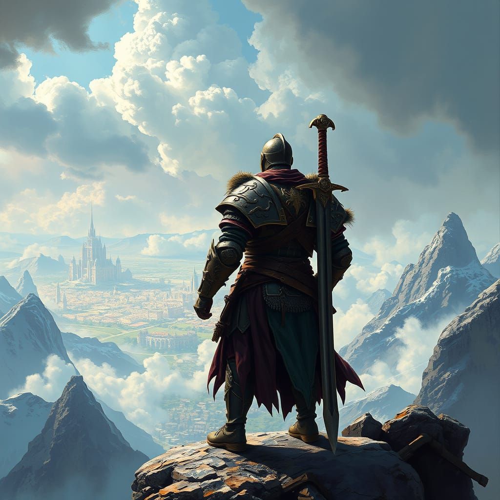 Ethereal Warrior Contemplates a Distant Metropolis