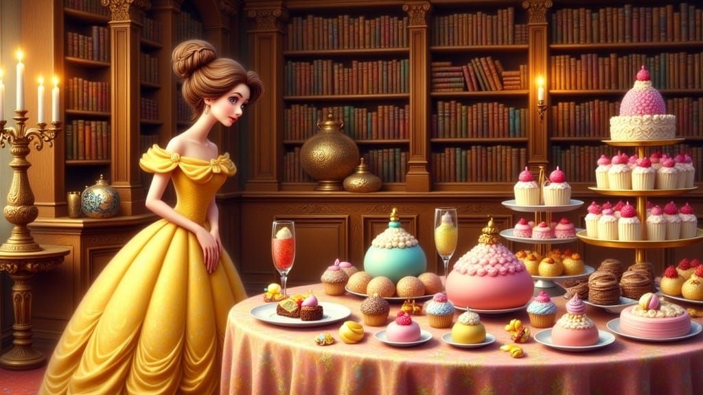 Belle in Enchanted Palace Library, Surrounded by Whimsical D...