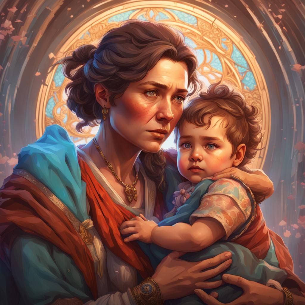 Mature Woman Holding Baby: Detailed Digital Portrait