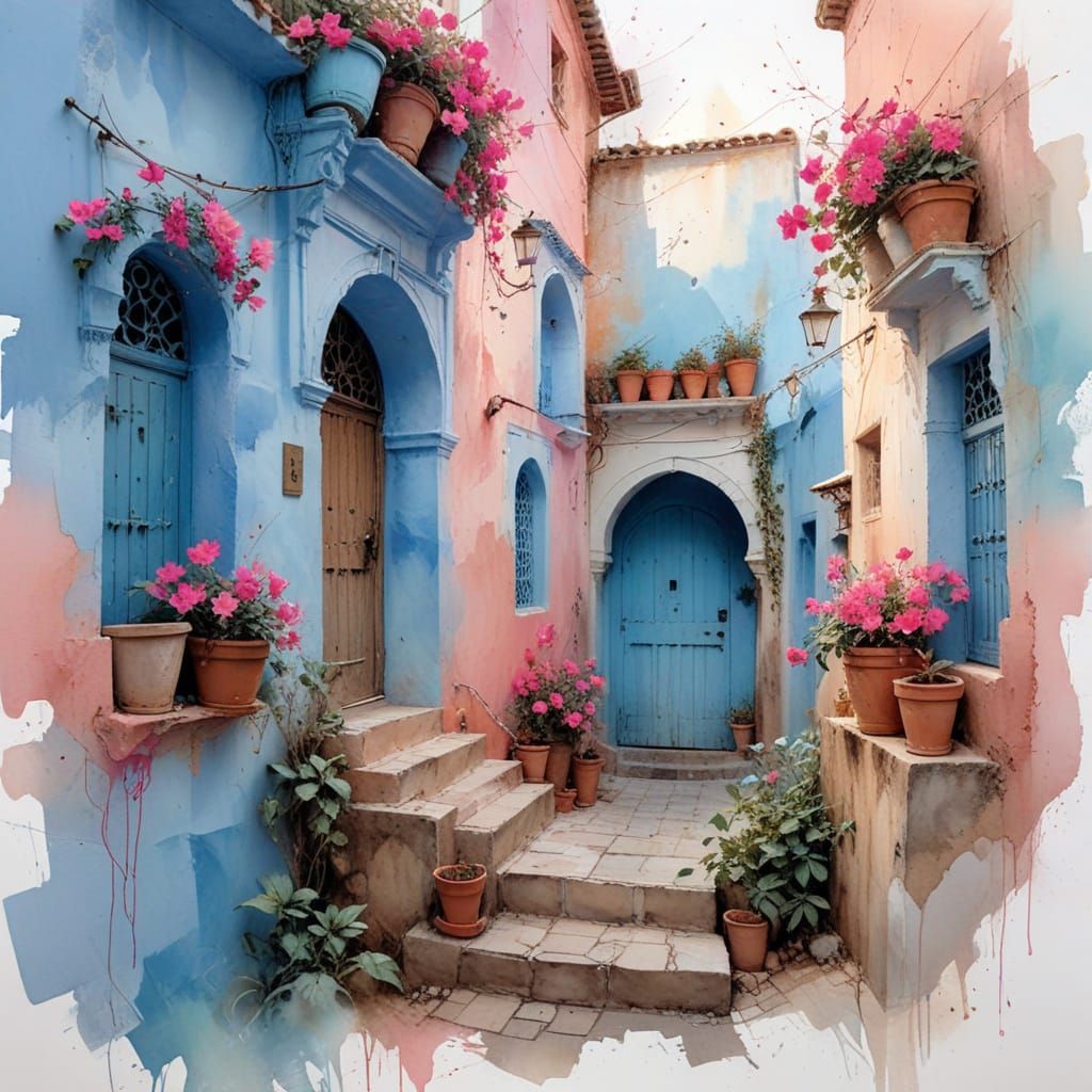 Chefchaouen Morocco: Blue City Dawn Watercolor