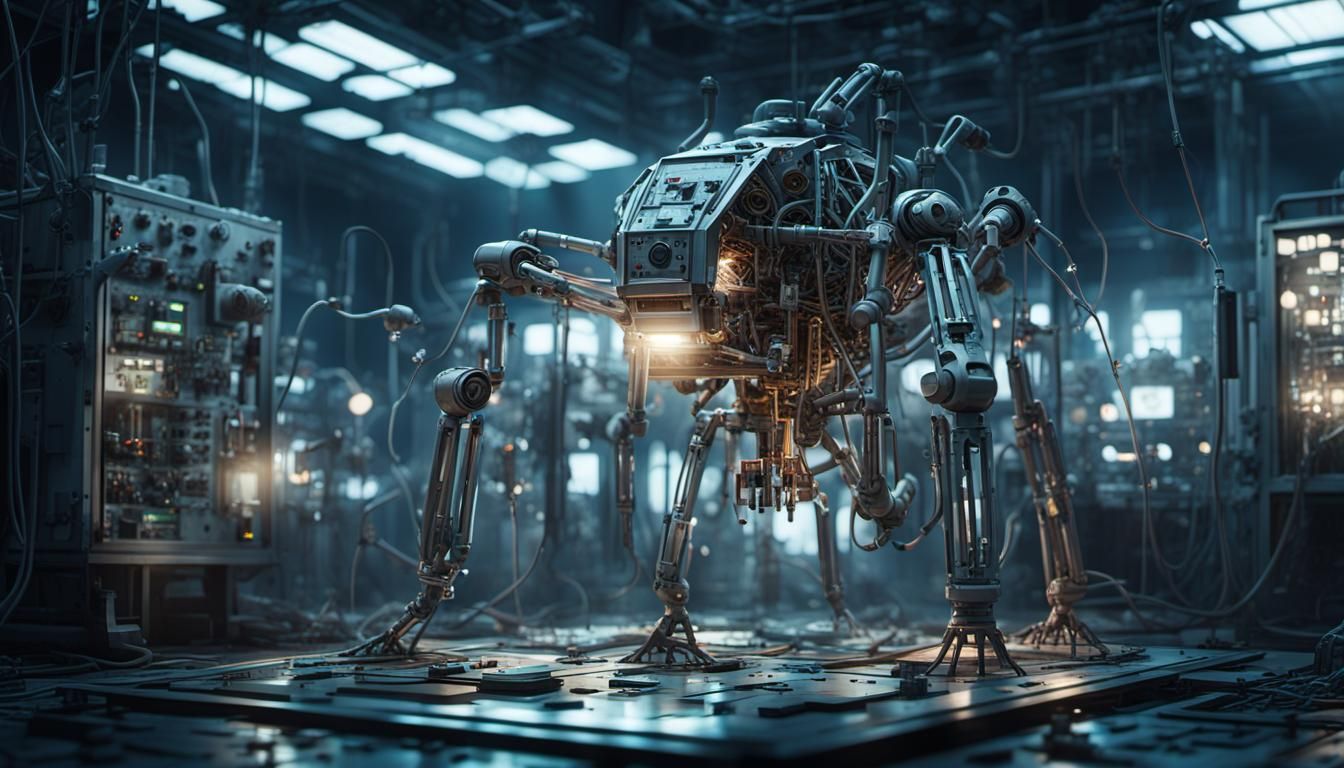 Metallic Construct in Abandoned Lab: Digital Art