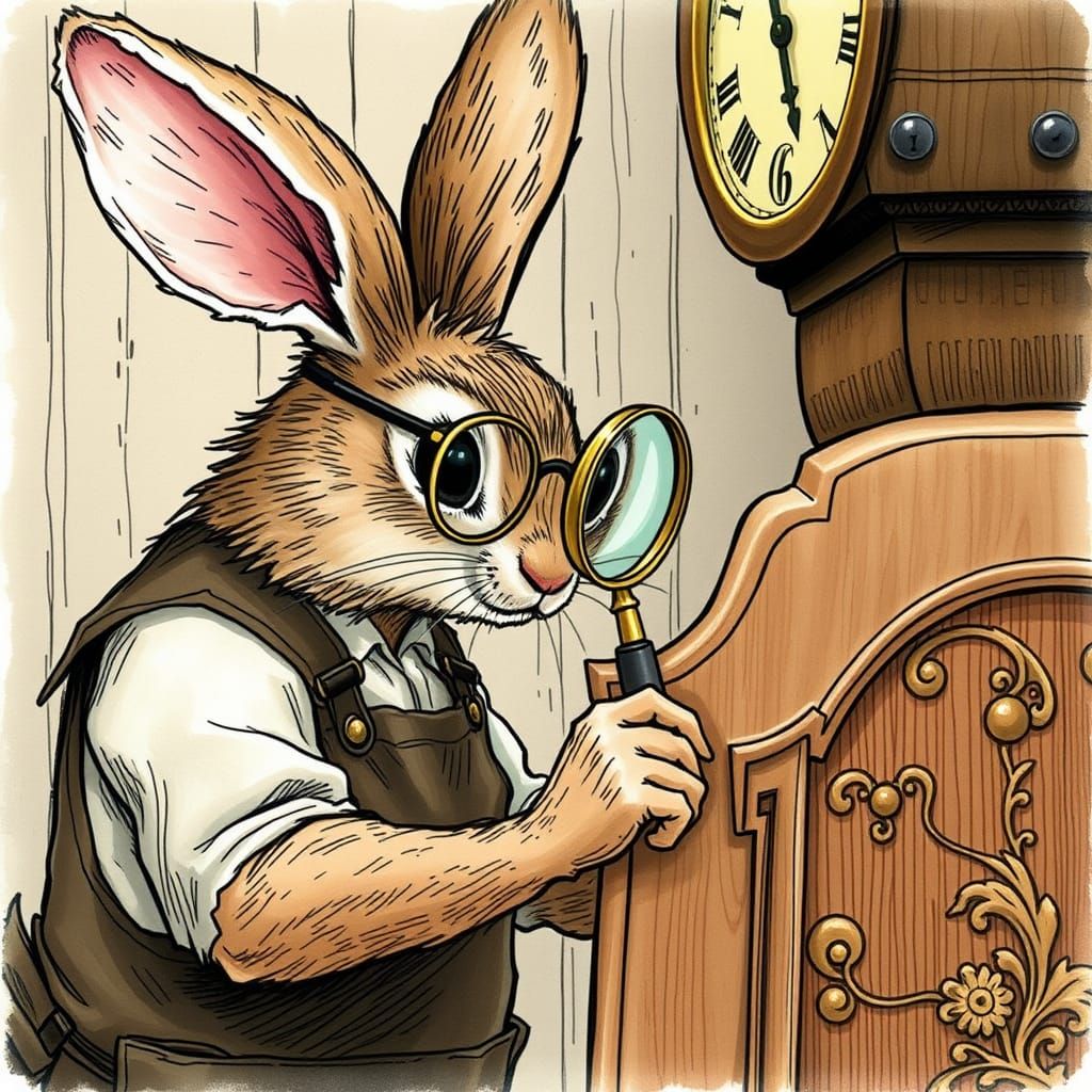 Cabinetmaker Bunny Inspects Intricate Wooden Panel