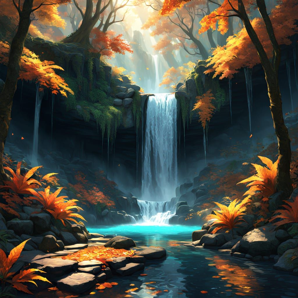 Hidden Waterfall in Mystical Autumn Forest