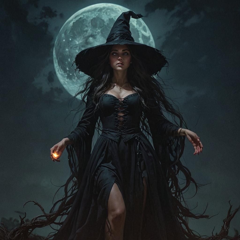 Ethereal Witch Before Moon in Dark Surrealism Style