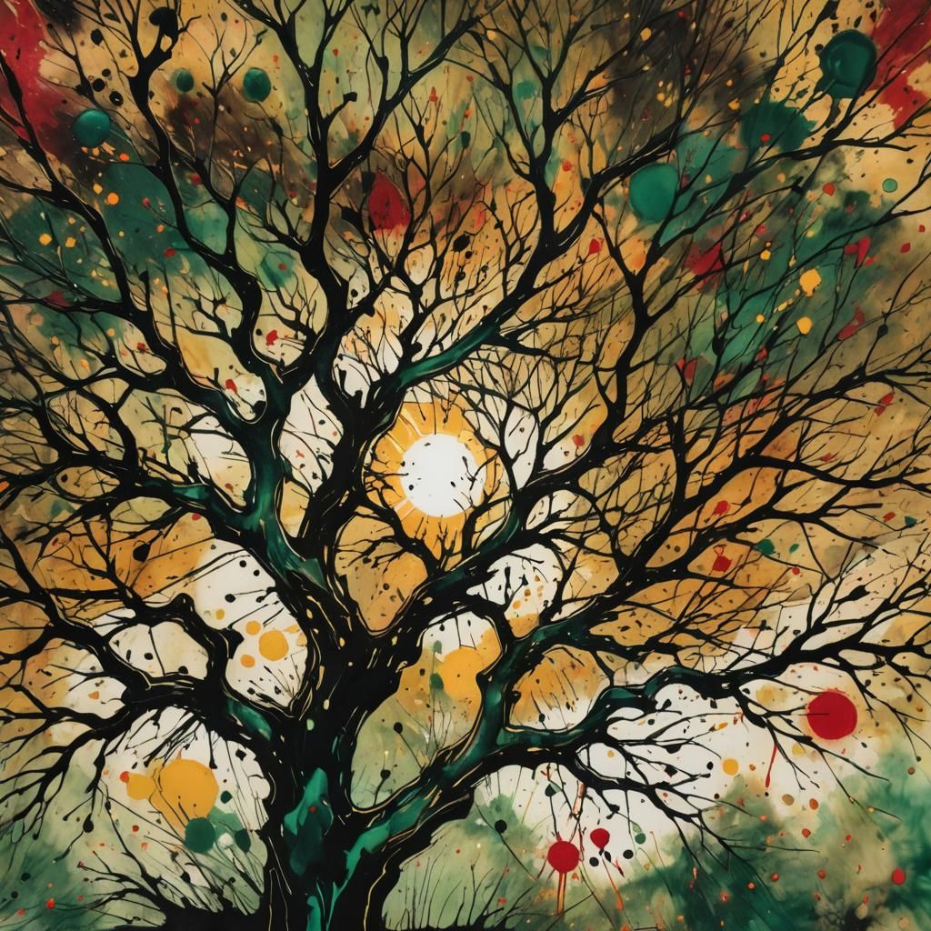 Ink Splatter Tree with Amber Sun, Abstract Expressionism