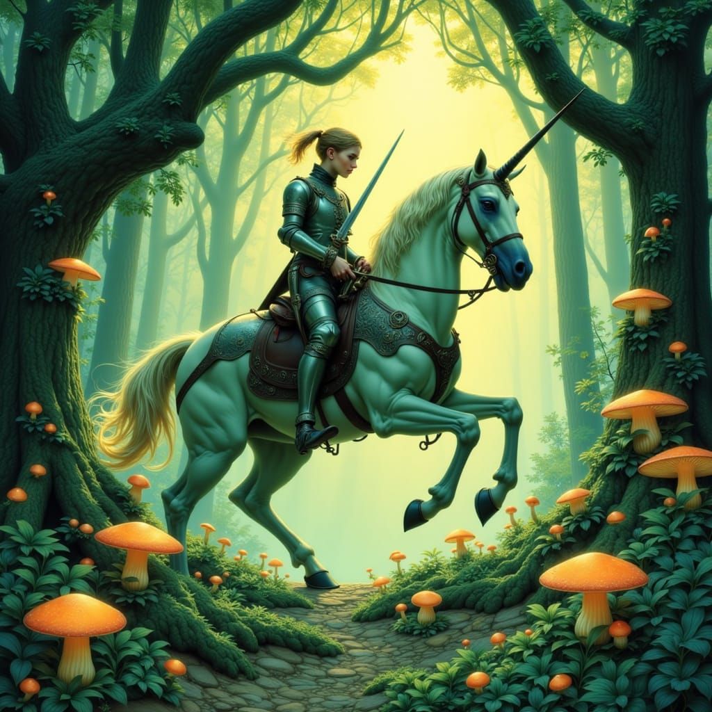 Knight on Unicorn in Enchanted Forest Storybook Art