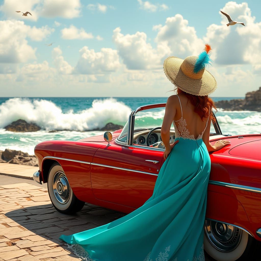 Sleek 1950s-Style Convertible with Red-Haired Woman on Dream...