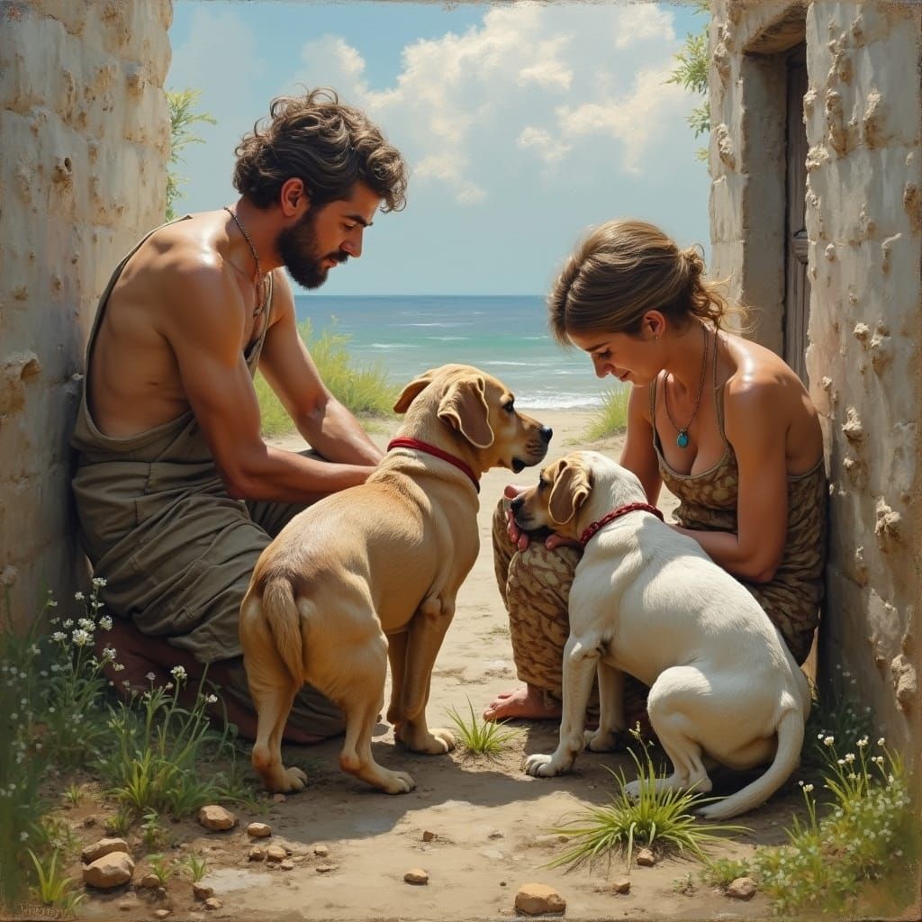 People Helping Stray Animals as Oil Painting