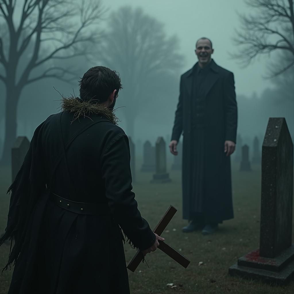 Vampire Encounter in Mist-Shrouded Cemetery