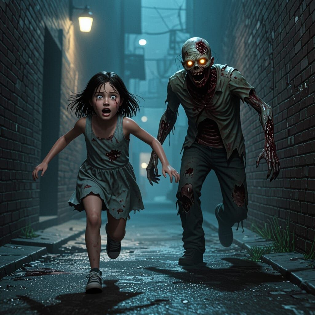 Girl Running from Zombie in Dark Alleyway