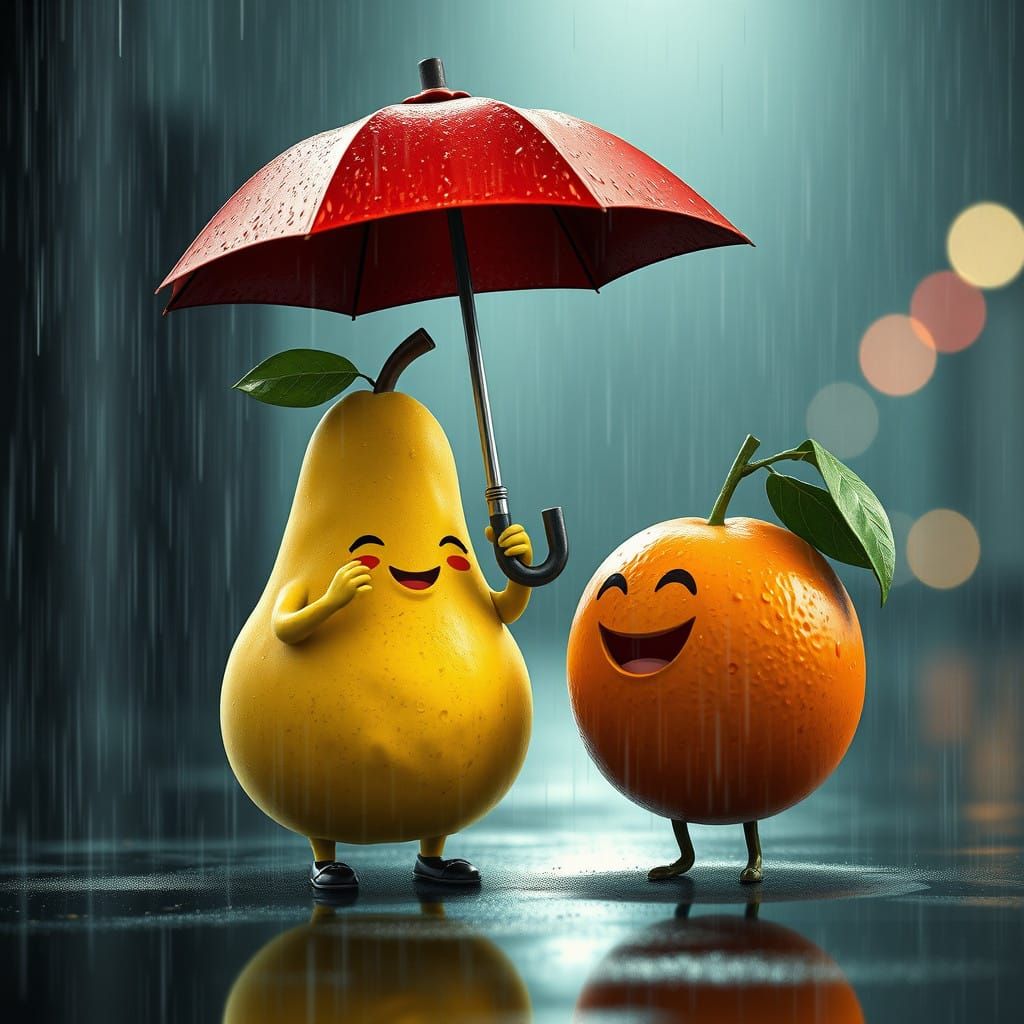 Moody Pear and Orange Friends in the Rain