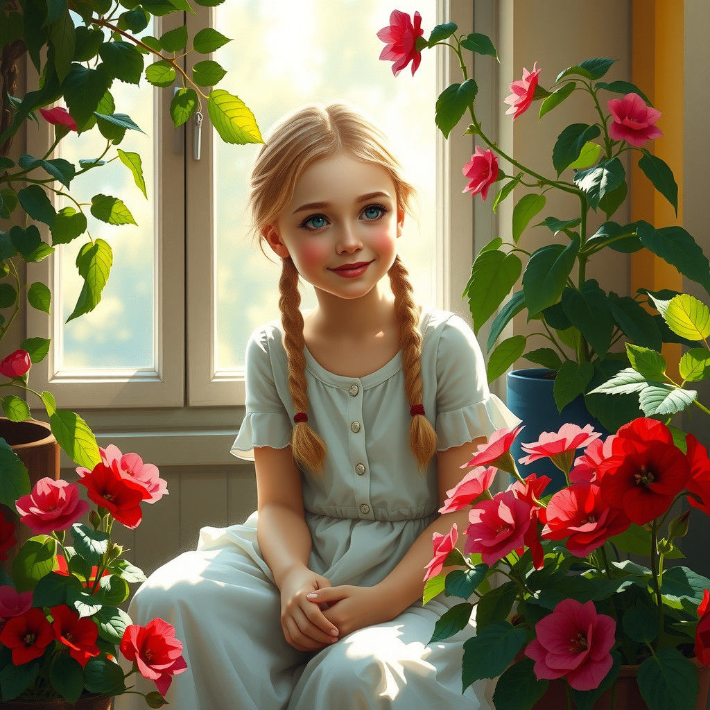 Girl with Braids in Dreamy Room, Chagall Style