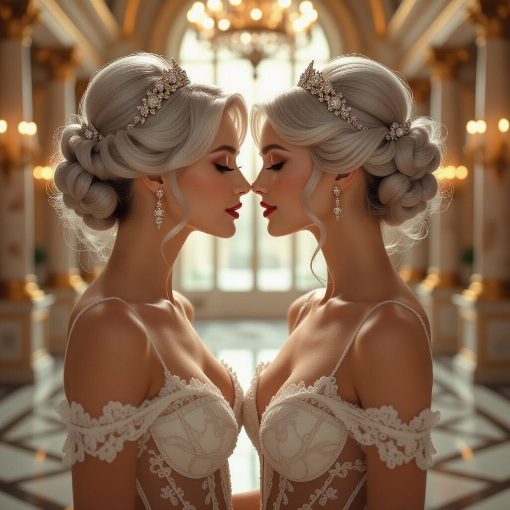 Elegant Women Kiss in Golden Ballroom, Art Nouveau Glamour
