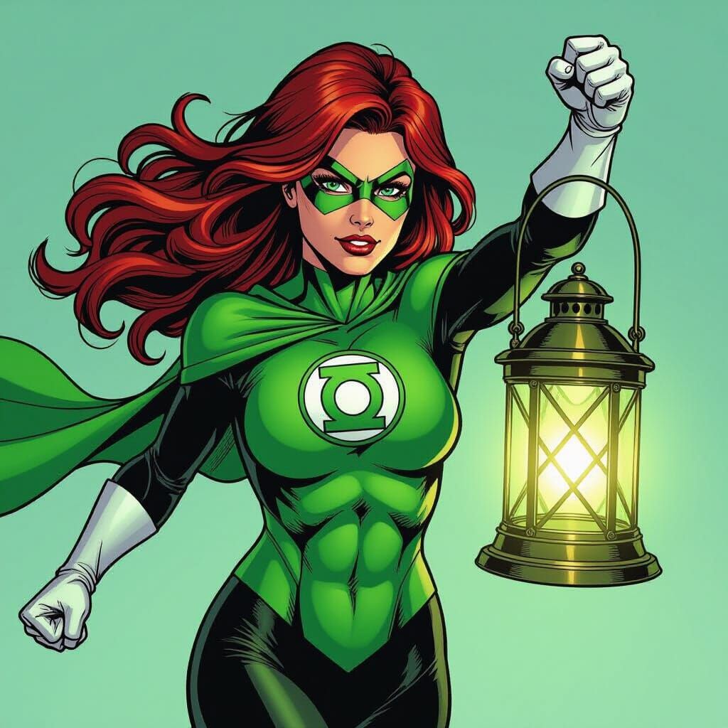 Green Lantern Woman Soaring in Comic Book Style
