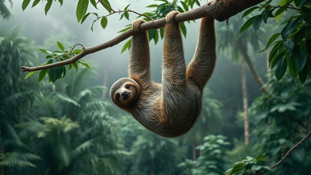 Hoffmann's Sloth Swinging in Cloud Forest