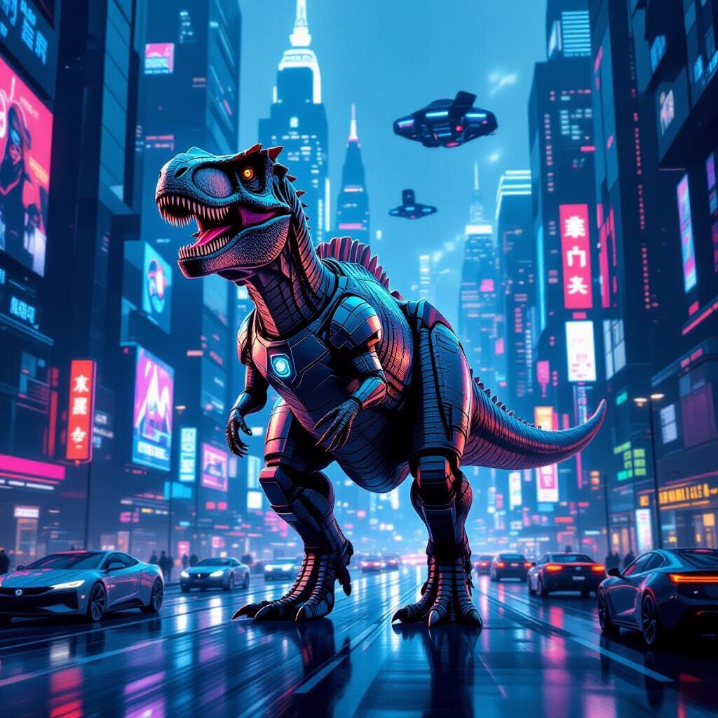 Cyberpunk T-Rex in Futuristic Cityscape