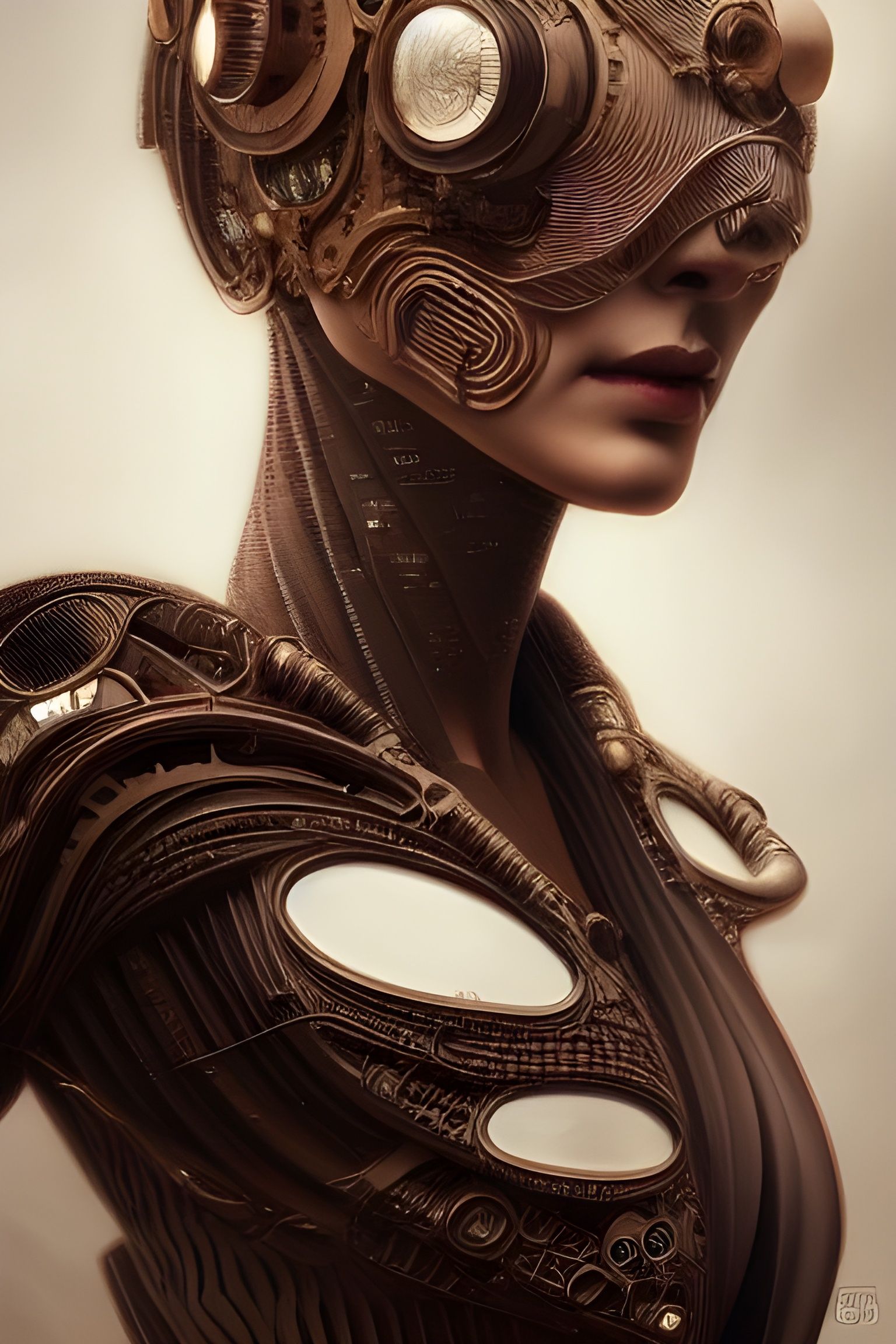 Steampunk Cyborg Goddess in Japanese Wood Carving Style