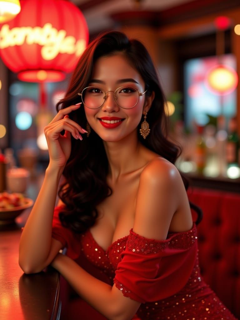 Gorgeous Japanese Woman in Red Dress at Opulent Nightclub