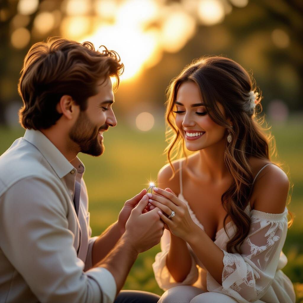 Man Proposes with Ring to Blushing Woman at Sunset