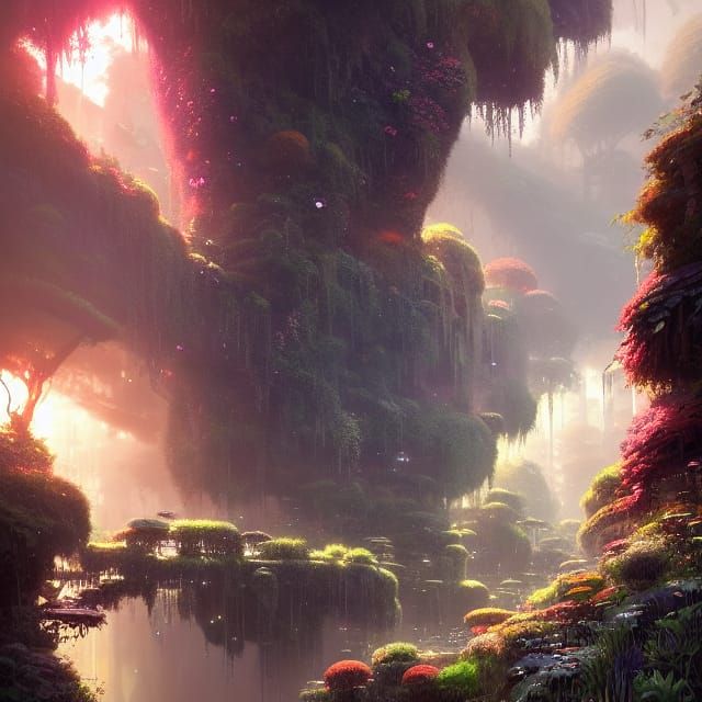 Hyperrealistic Overgrown Hanging Gardens in Digital Art