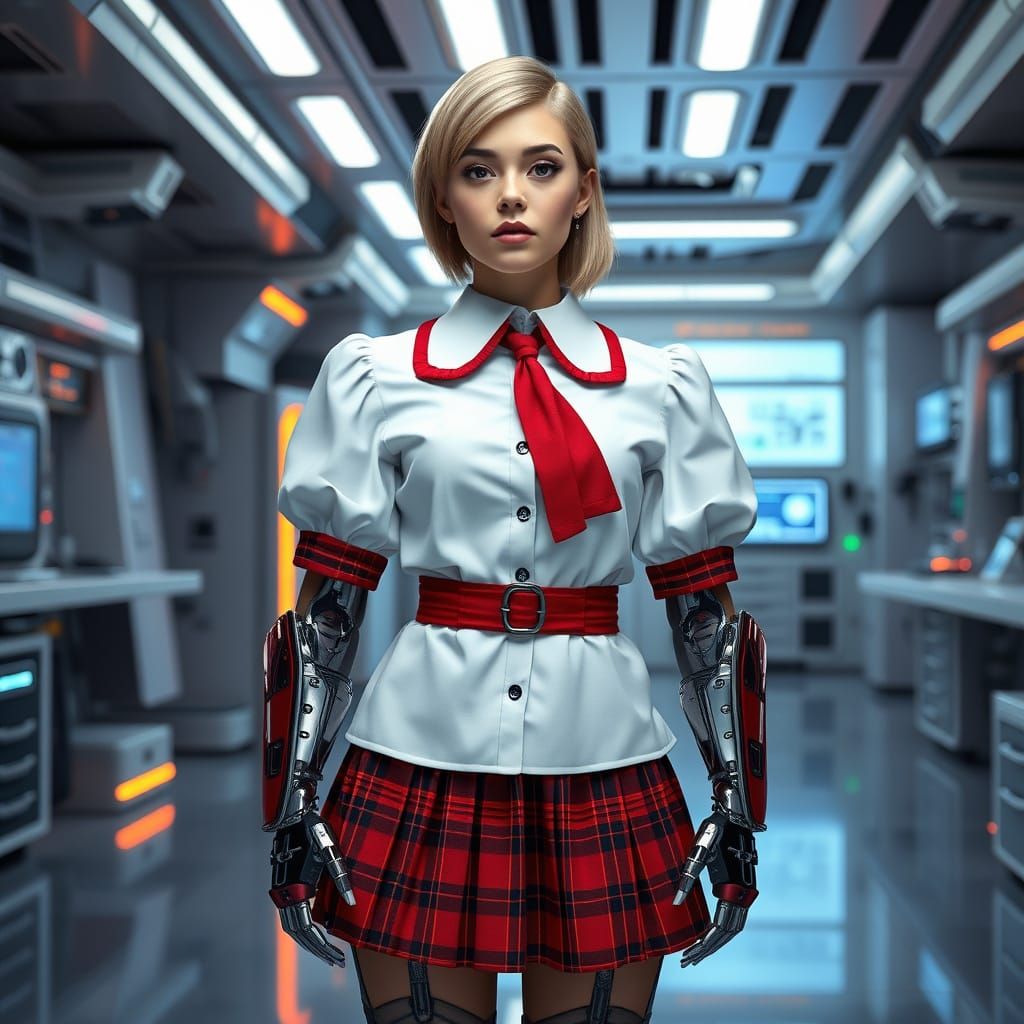 Confident Cyborg Schoolgirl in Futuristic Lab