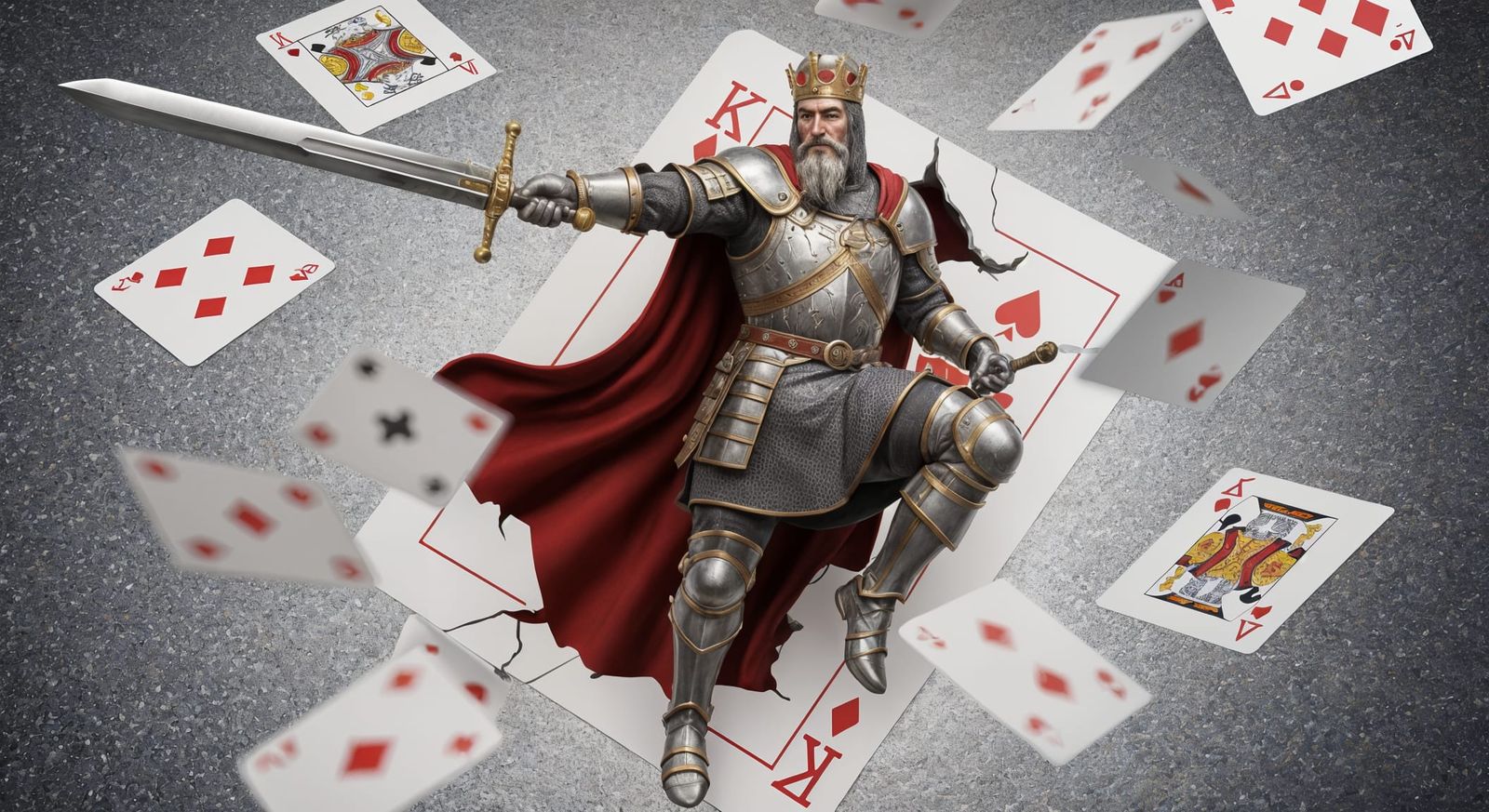 King Leaps from Card with Sword, Shimmering Background