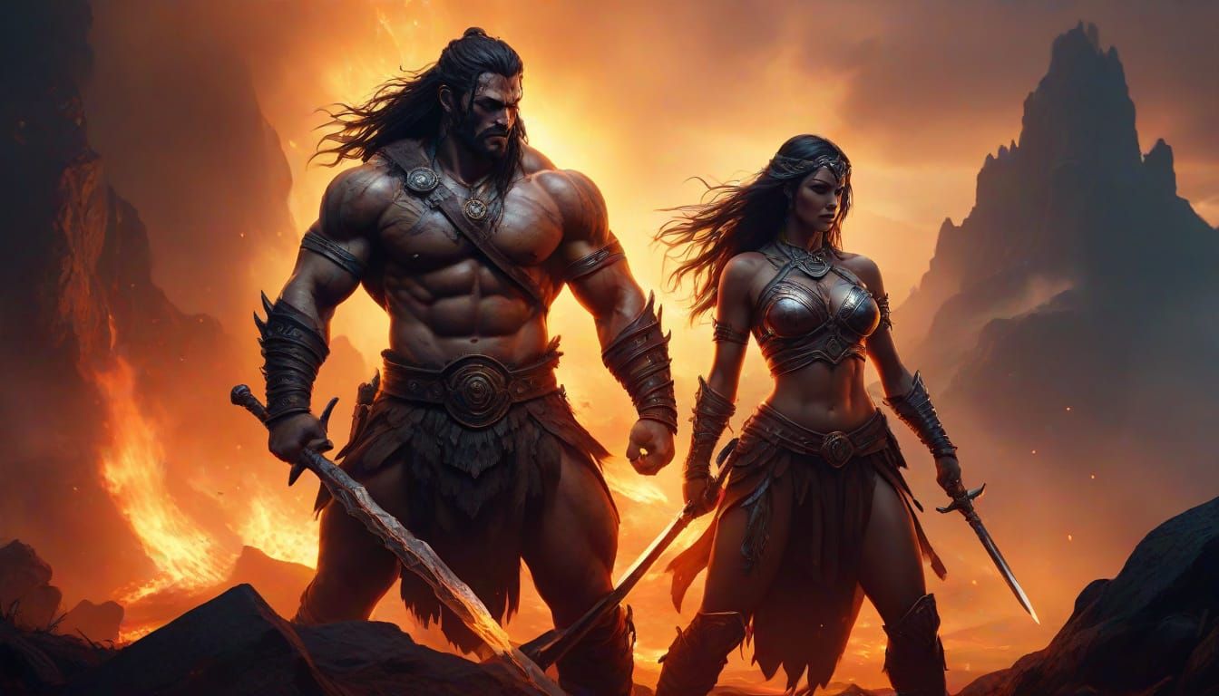 Barbarian Warrior in Fiery Epic Landscape