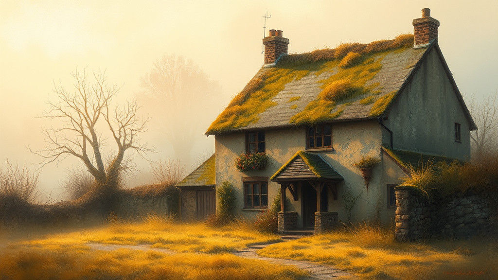 Misty Cottage Landscape in Golden Light
