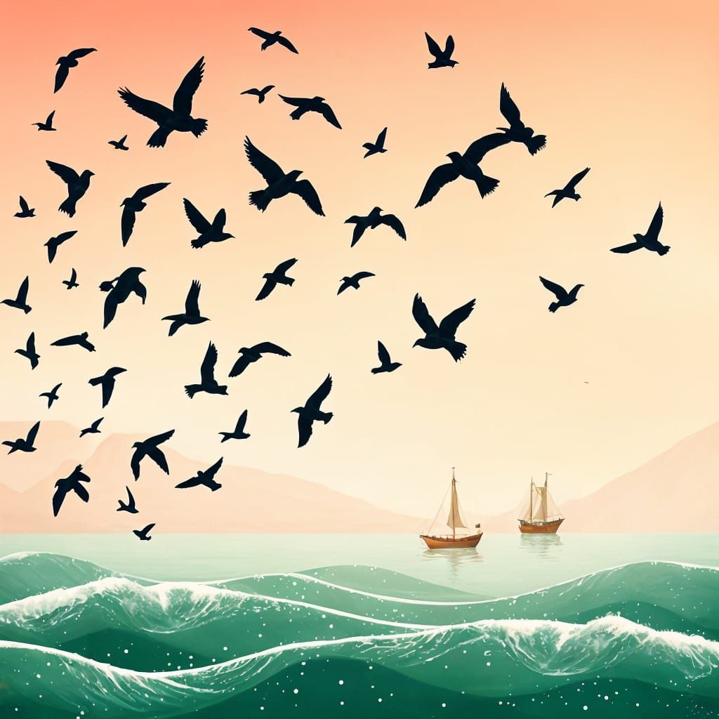 Whimsical Birds Over Emerald Sea in Arts and Crafts Style