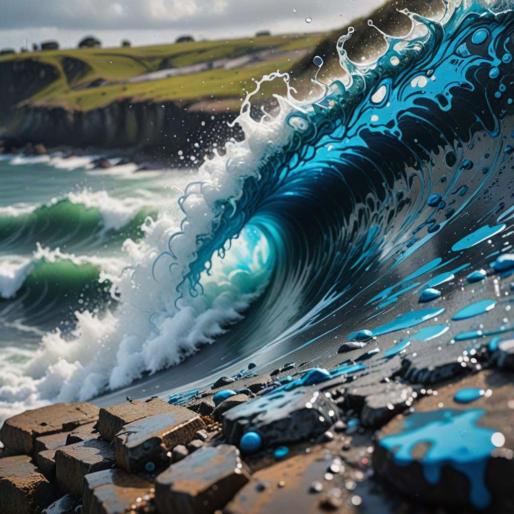 Graffiti Wave Crashes on Cliff Edge in Vibrant Macro Detail
