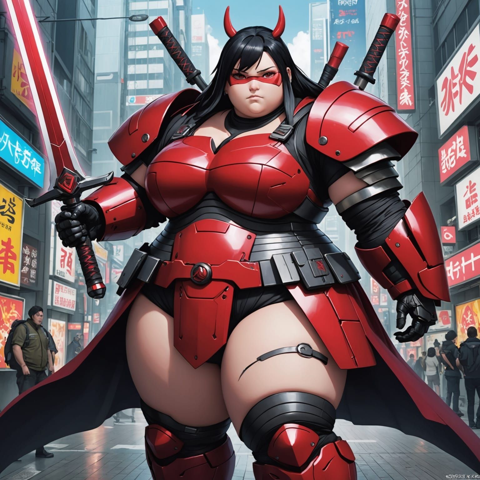 Cyberpunk SSBBW Sarada Uchiha in Anime Style