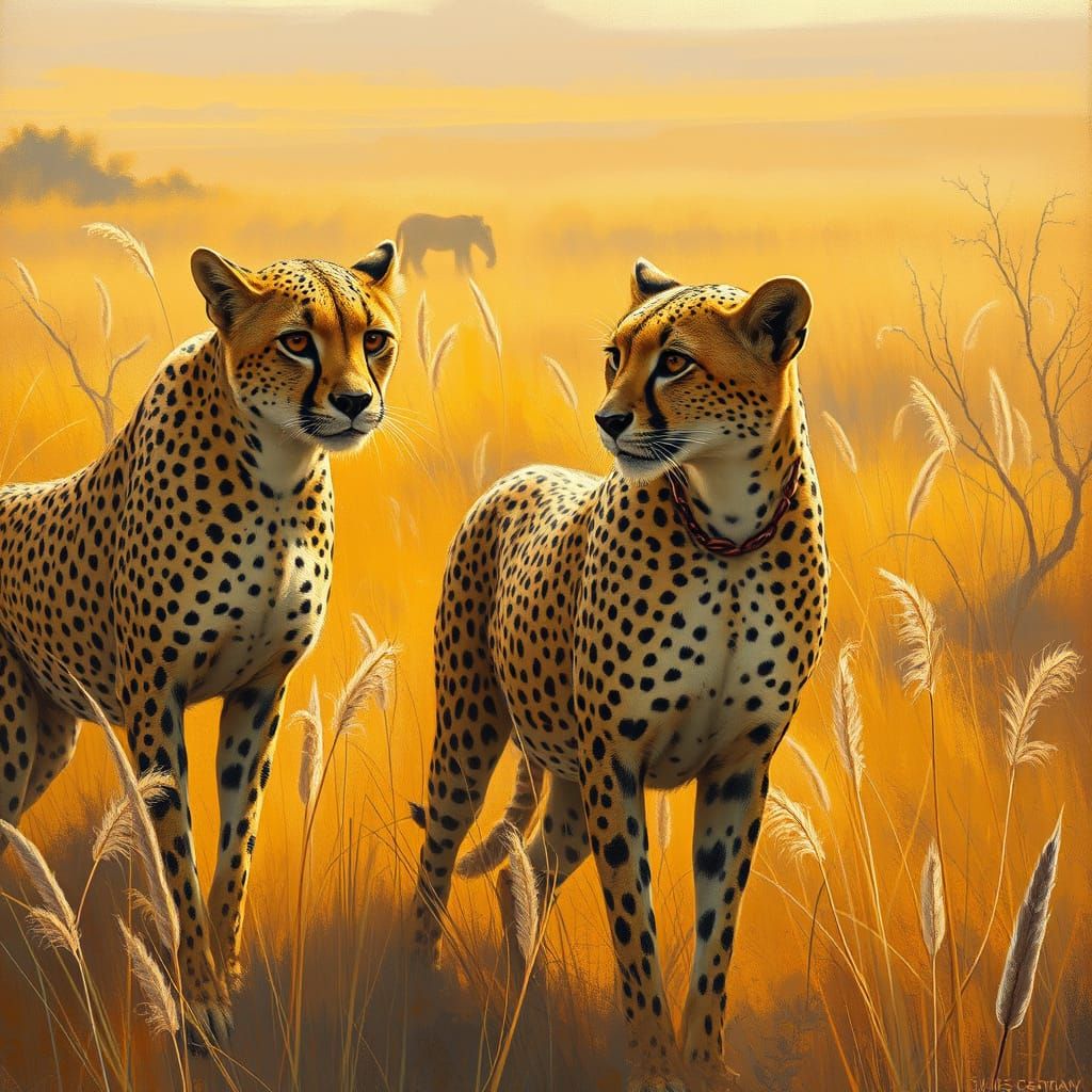 Cheetah Wakes in Golden Savannah, Impressionist Style