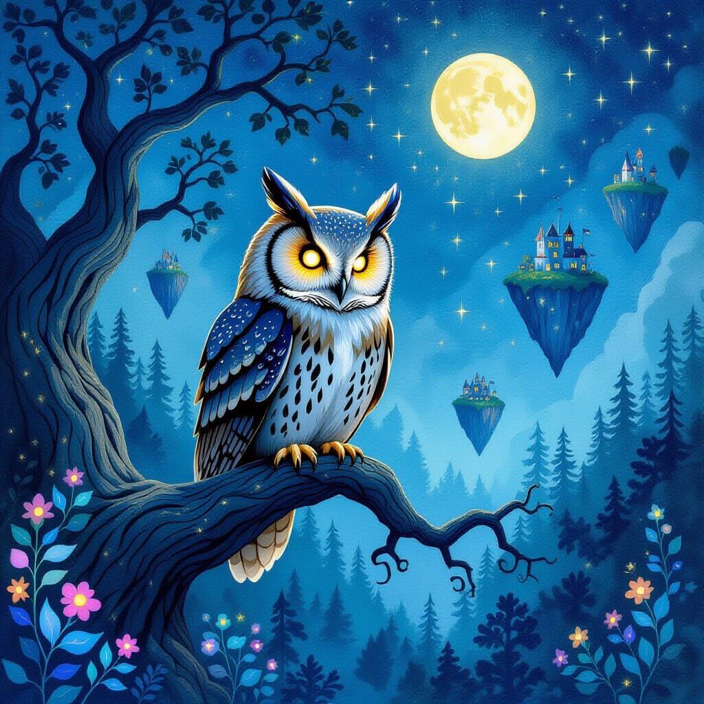 Wise Owl Over Starlit Forest in Mixed Media Collage