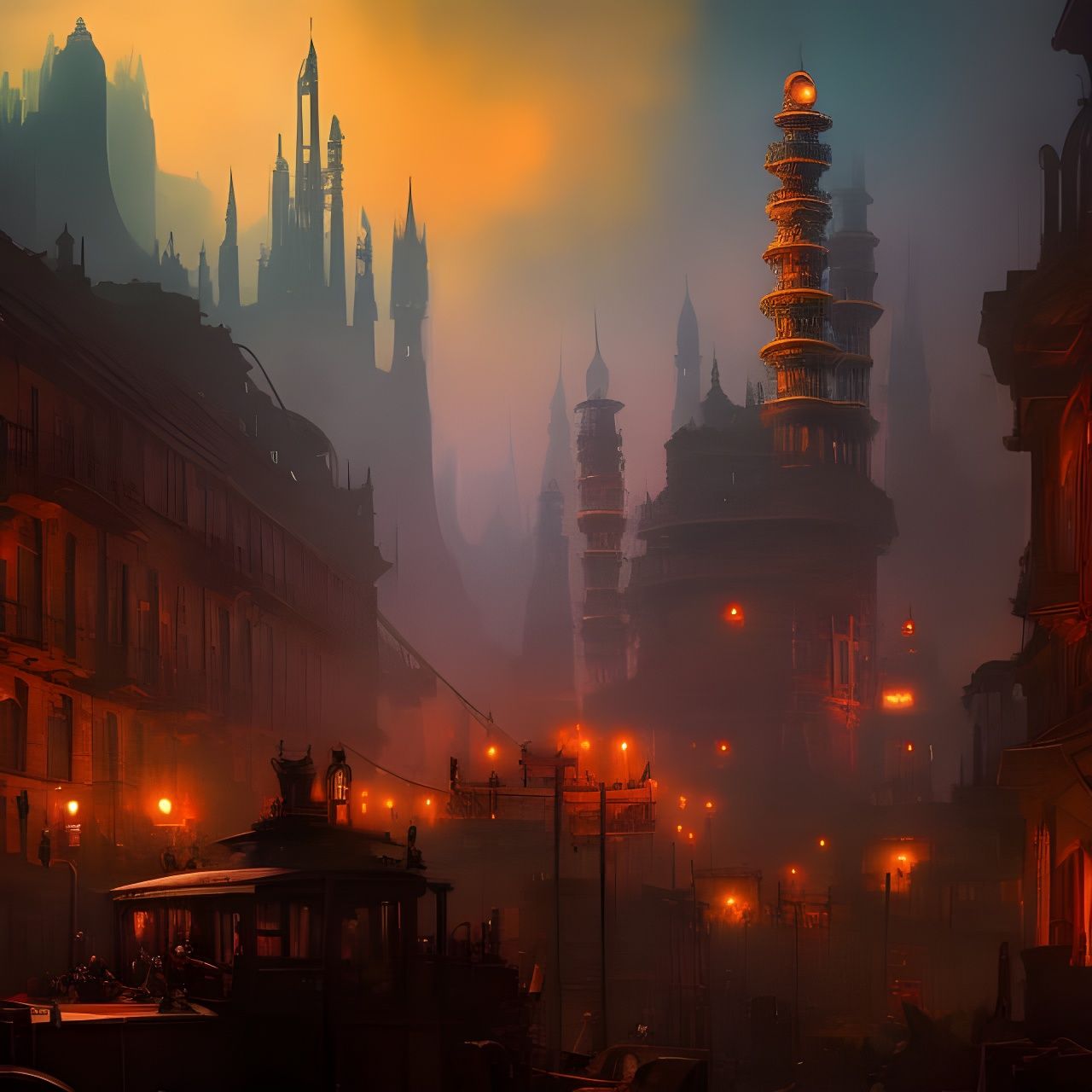 Detailed Steampunk City with Ochre Accents