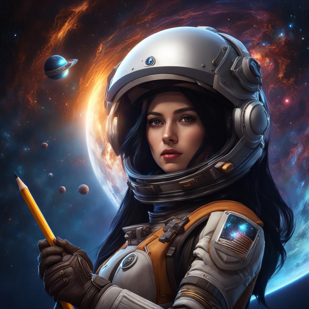 Girl in Space Helmet with Art Supplies