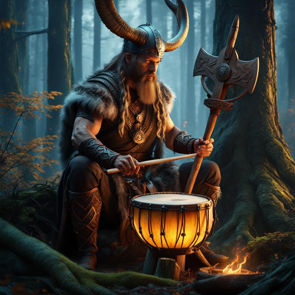 Viking Shaman Drumming in Forest: Detailed Matte Painting