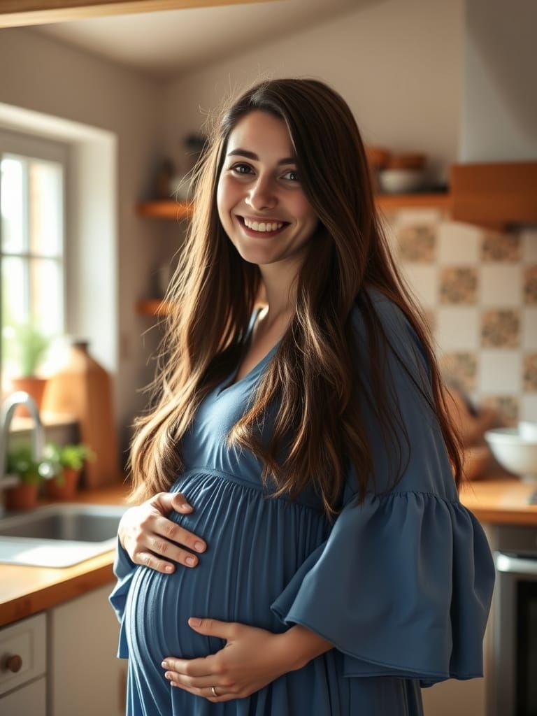 Radiant Pregnant Woman in English Countryside Kitchen