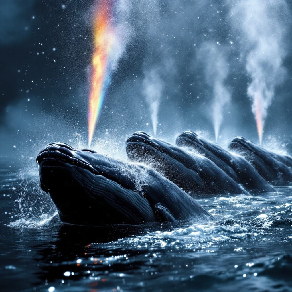 Whales Create Rainbow with Blowholes: Hyperrealistic Image