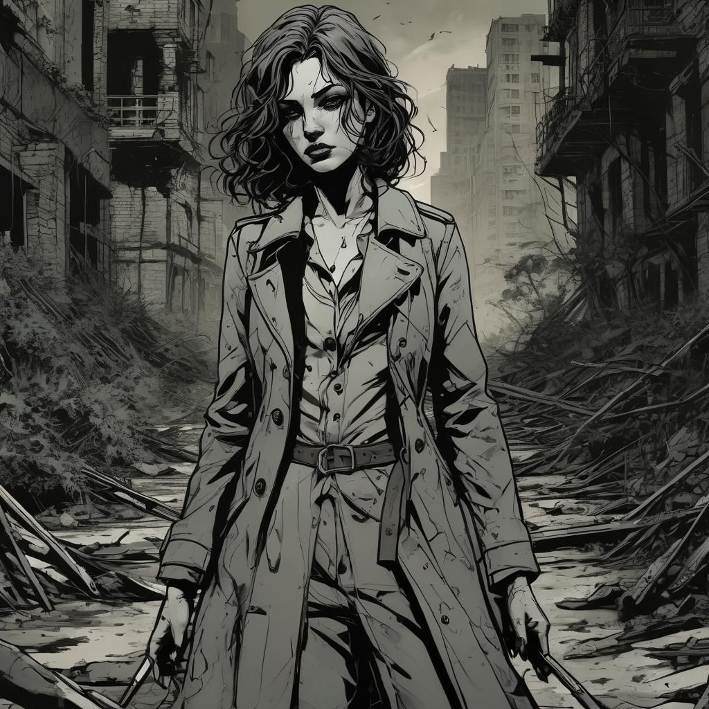 Neo-Noir Wasteland: Woman with Shotgun in Dark Fantasy
