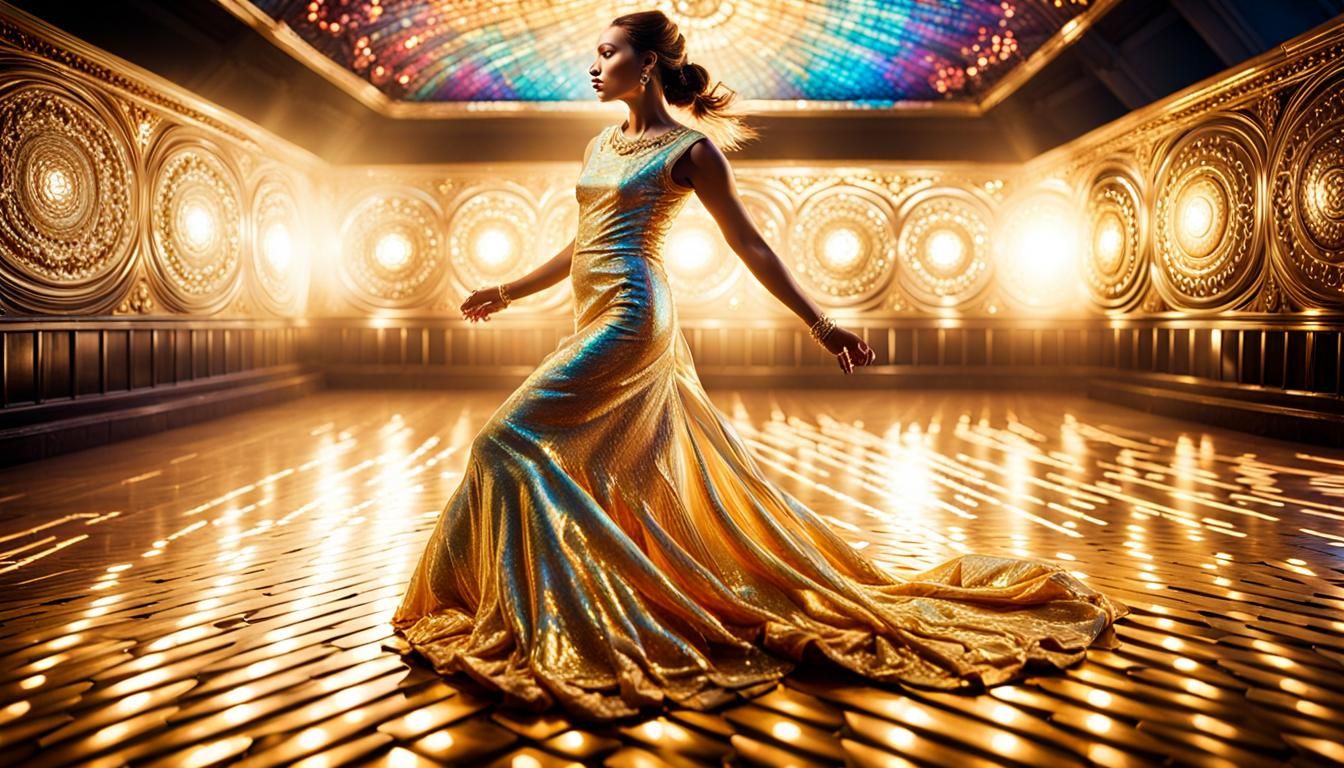 Woman in Iridescent Dress on Dance Floor
